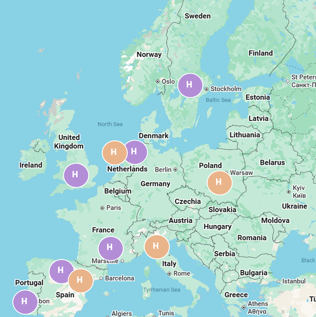 A map of Europe with Hs that represent the associated pilot sites of the KitNewCare project