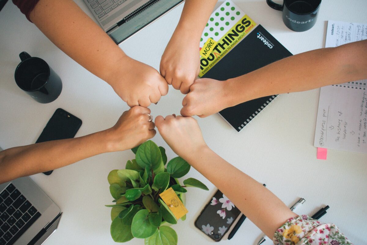 A gruppo of hands symbolising teamwork